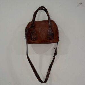 Brown Leather Satchel Bag with Snake-Print Accents